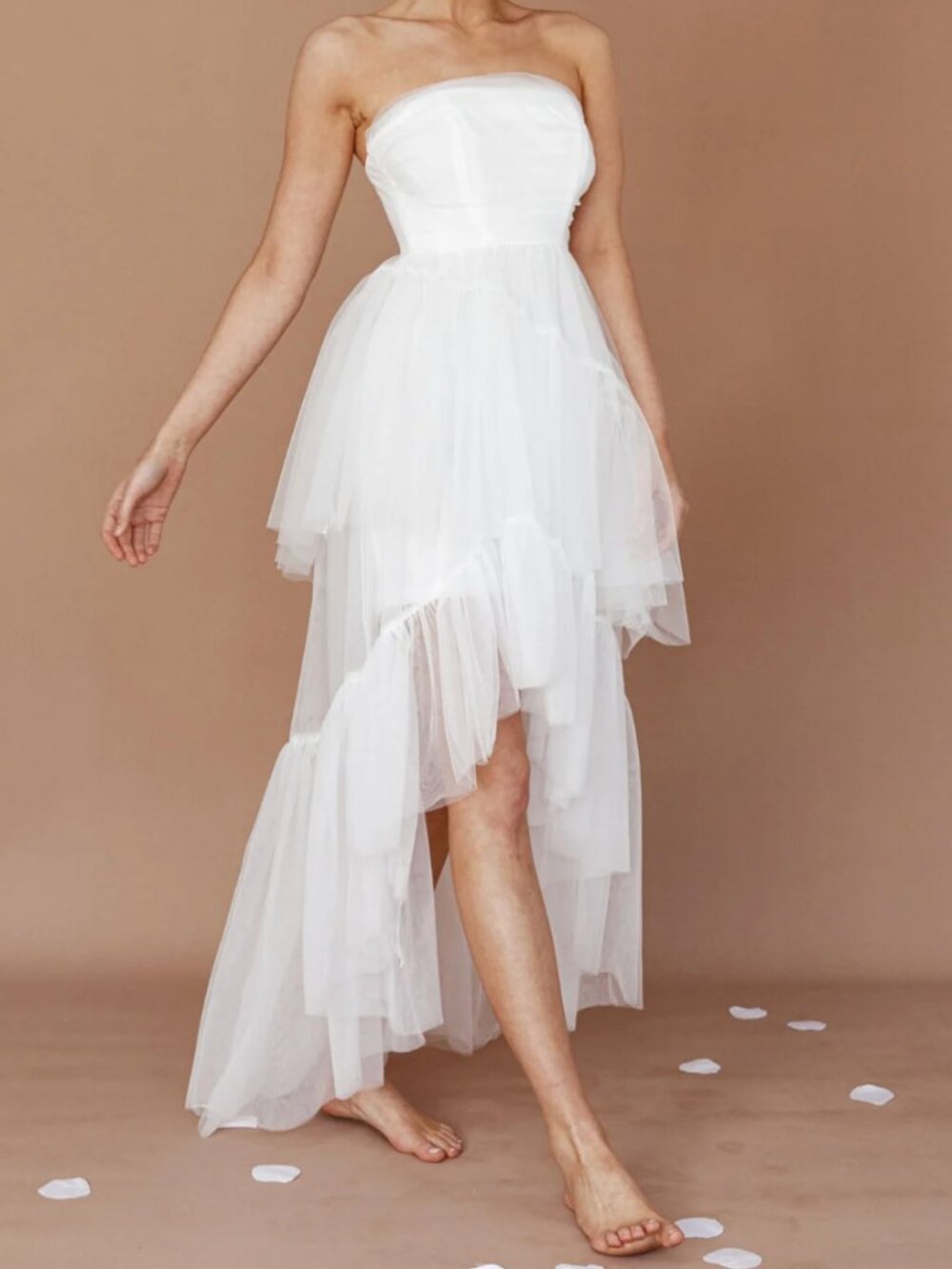 Selfie Leslie High-Low Midi Dress White Tulle Strapless Wedding Bachelorette